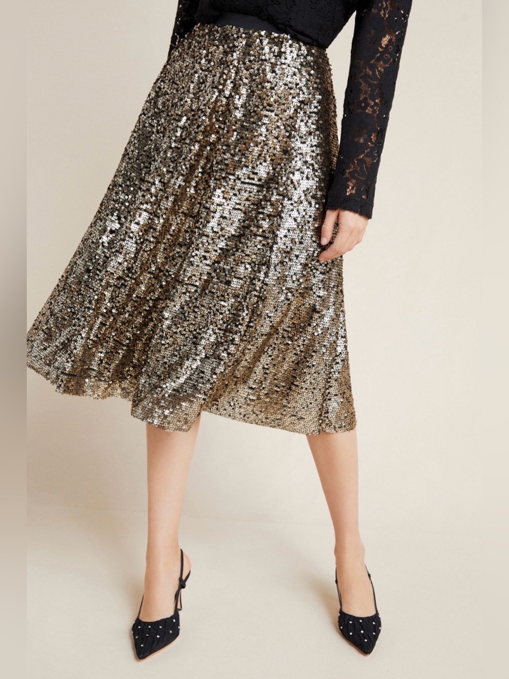 Anthropologie Maeve Orleans Sequin Skirt Med NWT Carbon Silver Gold Party Glam